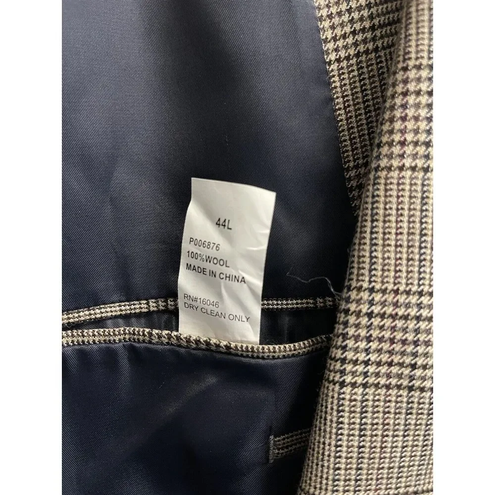 Nautica Wool 2 Button‎ Sport Coat 44L Light Brown Glen Plaid Blazer Jacket